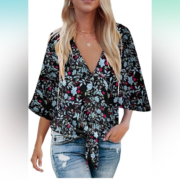BLUETIME 2XL Floral Boho 3/4 Sleeve Front Tie Blouse Amazon - Picture 2 of 9